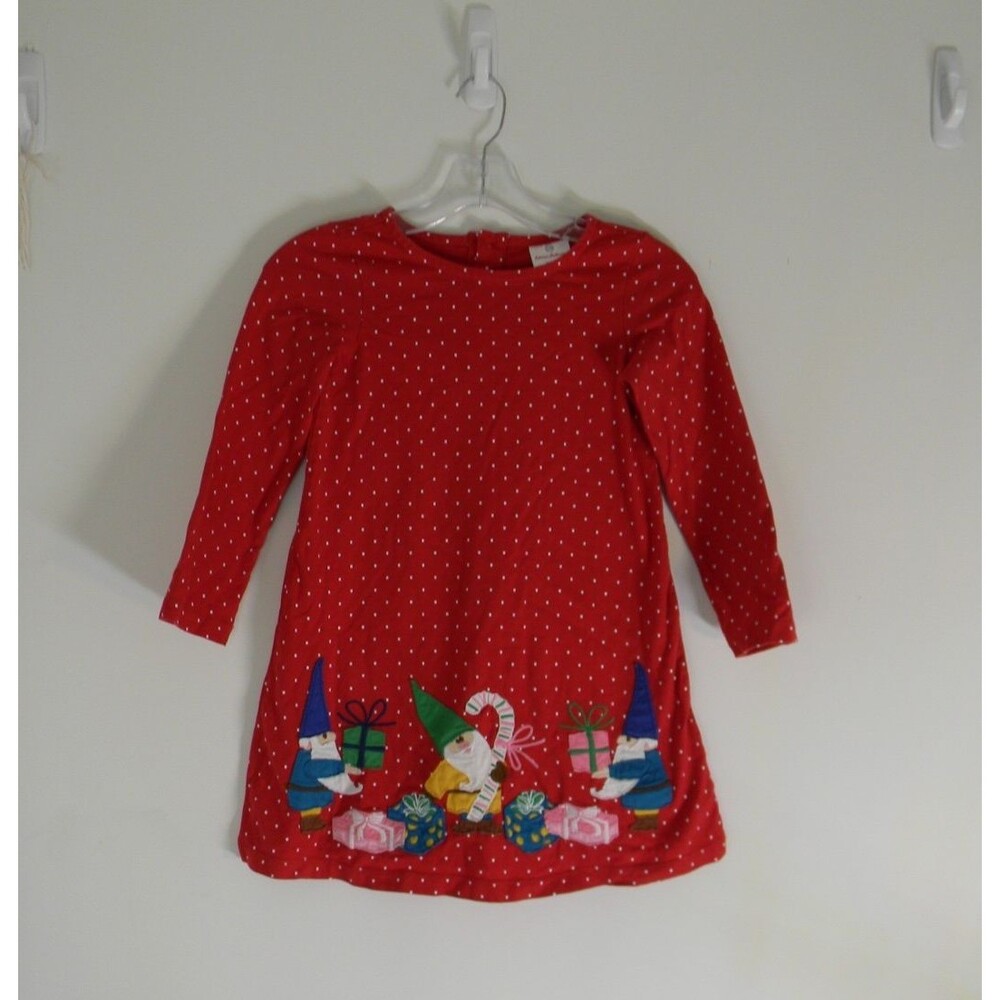 Hanna Andersson Christmas Elves Red Girls Dress 120 Applique 100% Cotton VGUC